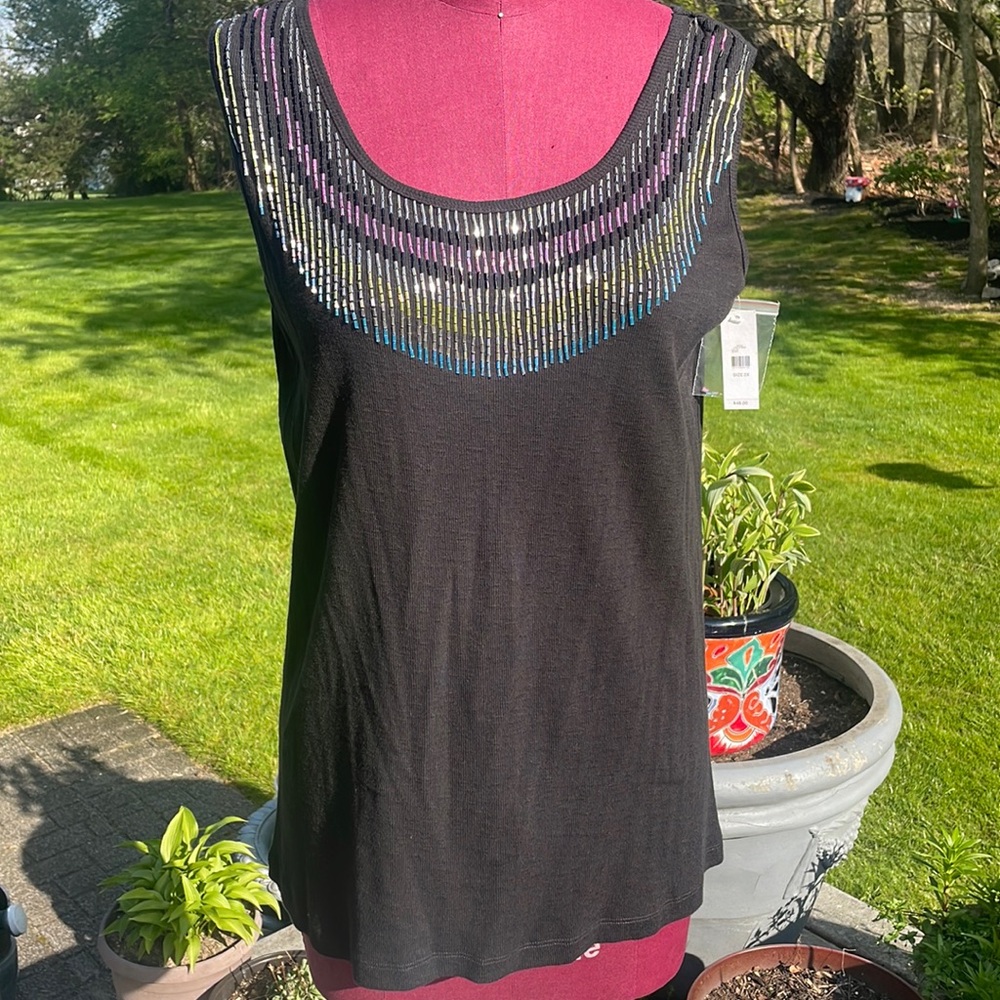 Lord & Taylor Beaded Black Tank Top size 2X NWT